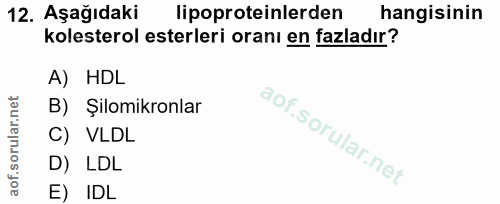 12. soru: Aşağıdaki lipoproteinlerden hangisinin kolesterol eterleri oranı en fazladır? A) HDL B) Şilomikronlar C) VLDL D) LDL…