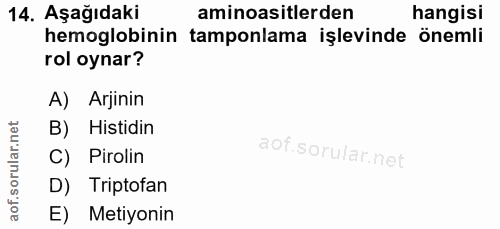 14. soru: Aşağıdaki Asmagabinin tamponlitl işlevinde döngisi aminoasitlerden rol oynar? A) Arjinin B) Histidin Pirolin D) Tript…