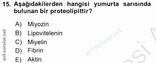 15. soru: Aşağıdakilerden hangisi yumurta sarısında bulunan bir proteolipittir? A) Miyozin B) Lipovitelenin C) Miyelin D) Fibri…