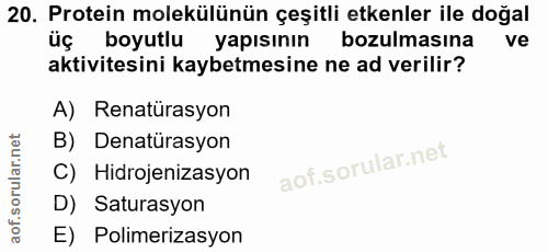 20. soru: Protein molekülünün çeşitli etkenler ile doğal üç boyutlu yapısının bozulmasına ve aktivitesini kaybetmesine ne ad ve…