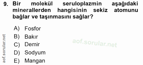 9. soru: Bir molekül seruloplazmin aşağıdaki minerallerden hangisinin sekiz atomunu bağlar ve taşınmasını sağlar? A) Fosfor B)…
