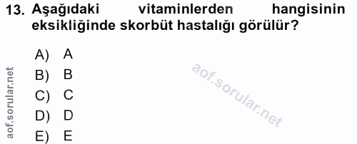 13. soru: Aşağıdaki vitaminlerden hangisinin eksikliğinde skorbüt hastalığı görülür? A) A B) B C) C D) D E) E