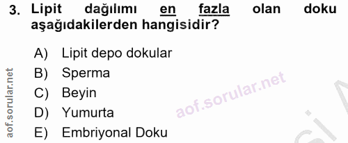 3. soru: Lipit dağılımı en fazla olan doku aşağıdakilerden hangisidir? A) Lipit depo dokular B) Sperma C) Beyin D) Yumurta E)…