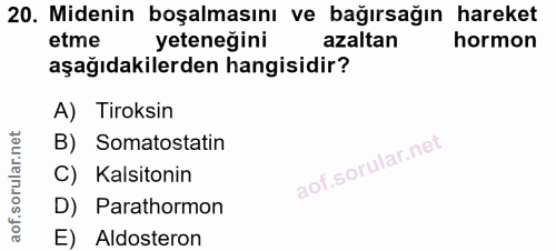 20. soru: Midenin boşalmasını ve bağırsağın hareket etme yeteneğini azaltan hormon aşağıdakilerden hangisidir? A) Tiroksin B) S…