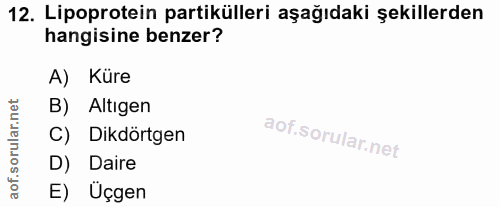 12. soru: Lipoprotein partikülleri aşağıdaki şekillerden hangisine benzer? A) Küre B) Altıgen C) Dikdörtgen D) Daire aof. E) Üçgen
