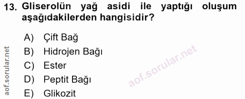13. soru: Gliserolün yağ asidi ile yaptığı oluşum aşağıdakilerden hangisidir? A) Çift Bağ B) Hidrojen Bağı C) Ester D) Peptit B…