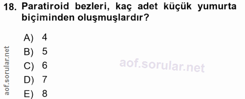 18. soru: Paratiroid bezleri, kaç adet küçük yumurta biçiminden oluşmuşlardır? A) 4 B) 5 C) 6 D) 7 E) 8