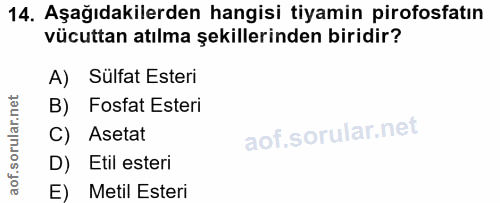 14. soru: Aşağıdakilerden hangisi tiyamin pirofosfatın vücuttan atılma şekillerinden biridir? A) Sülfat Esteri B) Fosfat Esteri…