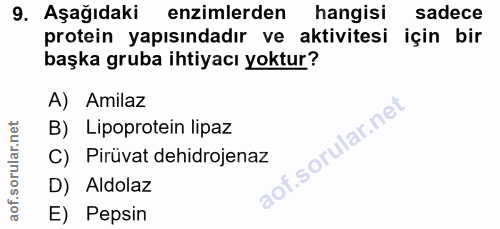 9. soru: Aşağıdaki enzimlerden hangisi sadece protein yapısındadır ve aktivitesi için bir başka gruba ihtiyacı yoktur? A) Amil…