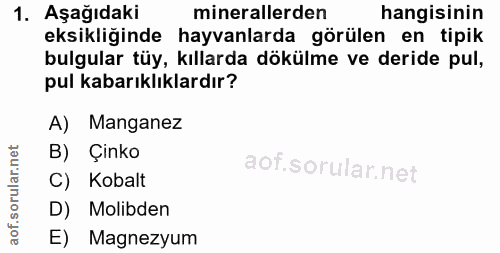 1. soru: Aşağıdaki minerallerden hangisinin eksikliğinde hayvanlarda görülen en tipik bulgular tüy, kıllarda dökülme ve deride…