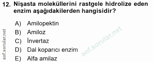 12. soru: Nişasta moleküllerini rastgele hidrolize eden enzim aşağıdakilerden hangisidir? A) Amilopektin B) Amiloz C) İnvertaz…
