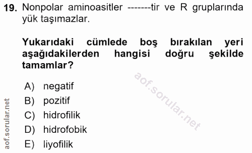 19. soru: Nonpolar aminoasitler --—_tir ve R gruplarinda yük taşımazlar. Yukarıdaki cümlede boş bırakılan yeri aşağıdakilerden…