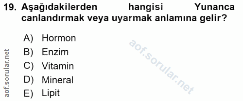 19. soru: Aşağıdakilerden hangisi Yunanca canlandırmak veya uyarmak anlamına gelir? A) Hormon B) Enzim C) Vitamin D) Mineral ao…