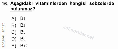 16. soru: Aşağıdaki vitaminlerden hangisi sebzelerde bulunmaz? A) B1 B) B2 C) B3 D) B6 E) B12