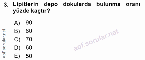 3. soru: Lipitlerin depo dokularda bulunma oranı yüzde kaçtır? A) 90 B) 80 C) 70 D) 60 E) 50