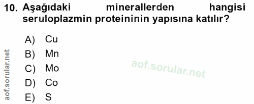 10. soru: Aşağıdaki minerallerden hangisi seruloplazmin proteininin yapısına katılır? A) Cu B) Mn C) Mo D) Co E) S