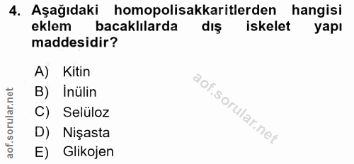 4. soru: Aşağıdaki homopolisakkaritlerden hangisi eklem bacaklılarda dış iskelet yapı maddesidir? A) Kitin B) Inülin C) Selülo…