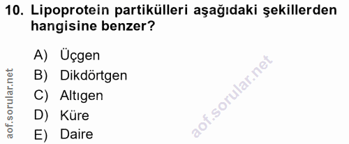 10. soru: Lipoprotein partikülleri aşağıdaki şekillerden hangisine benzer? A) Üçgen net B) Dikdörtgen orular. C) Altıgen aof.s…
