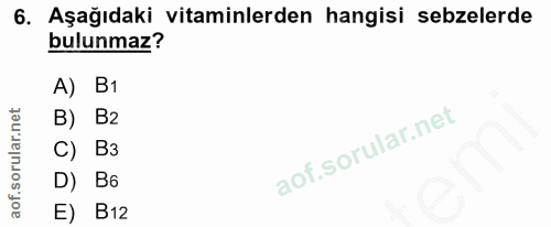 6. soru: Aşağıdaki vitaminlerden hangisi sebzelerde bulunmaz? A) B1 B) B2 C) B3 D) B6 E) B12