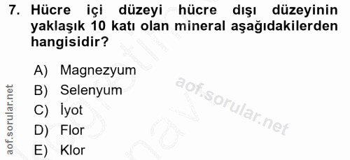 7. soru: Hücre içi düzeyi hücre dışı düzeyinin yaklaşık 10 katı olan mineral aşağıdakilerden hangisidir? A) Magnezyum B) Selen…