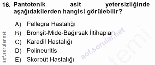 16. soru: Pantotenik asit yetersizliğinde aşağıdakilerden hangisi görülebilir? A) Pellegra Hastalığı B) Bronşit-Mide-Bağırsak İ…