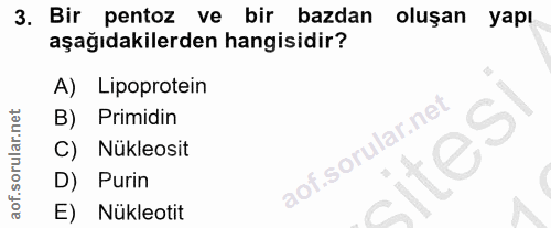 3. soru: Bir pentoz ve bir bazdan oluşan yapi aşağıdakilerden hangisidir? A) Lipoprotein B) Primidin f. | C) Nükleosit D) Puri…