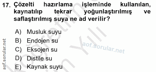 17. soru: Çözelti hazırlama işleminde kullanılan, kaynatılıp tekrar yoğunlaştırılmış ve saflaştırılmış suya ne ad verilir? A) M…