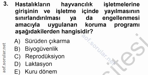 3. soru: Hastalıkların hayvancılık işletmelerine girişinin ve işletme içinde yayılmasının sınırlandırılması ya da engellenmesi…