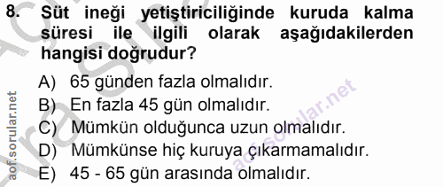 8. soru: Süt ineği yetiştiriciliğinde kuruda kalma süresi ile ilgili olarak aşağıdakilerden hangisi doğrudur? A) 65 günden faz…