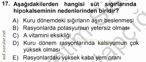 17. soru: Aşağıdakilerden hangisi süt° sığırlarında hipokalseminin nedenlerinden biridir? A) Kuru dönemdeki sığırların aşırı be…