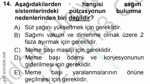 14. soru: Aşağıdakilerden hangisi sağım sistemlerindeki pulzasyonun bulunma nedenlerinden biri değildir? A) Süt yağını yükseltm…