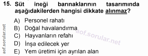 15. soru: Süt ineği barınaklarının tasarımında aşağıdakilerden hangisi dikkate alınmaz? A) Personel rahatı B) Doğal havalandırm…