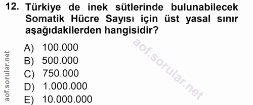 12. soru: Türkiye de inek sütlerinde bulunabilecek Somatik Hücre Sayısı için üst yasal sınır aşağıdakilerden hangisidir? A) 100…