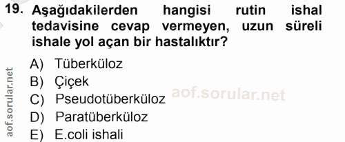 19. soru: Aşağıdakilerden hangisi rutin ishal tedavisine cevap vermeyen, uzun süreli ishale yol açan bir hastalıktır? A) Tüberk…