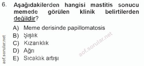 6. soru: Aşağıdakilerden hangisi mastitis sonucu memede görülen klinik belirtilerden değildir? A) Meme derisinde papillomatosi…