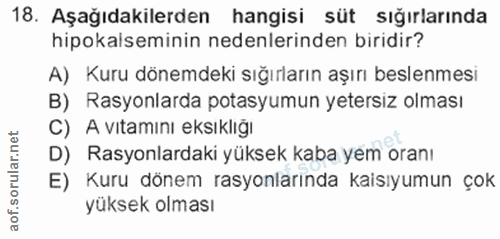 18. soru: Aşağıdakilerden hangisi süt sığırlarında hipokalseminin nedenlerinden biridir? A) Kuru dönemdeki sığırların aşırı bes…