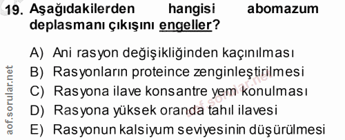 19. soru: Aşağıdakilerden hangisi abomazum deplasmanı çıkışını engeller? A) Ani rasyon değişikliğinden kaçınılması B) Rasyonlar…
