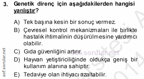 3. soru: Genetik direnç için aşağıdakilerden hangisi yanlıştır? A) Tek başına kesin bir sonuç vermez. B) Çevresel kontrol meka…