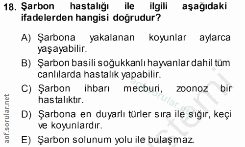 18. soru: Şarbon hastalığı ile ilgili aşağıdaki ifadelerden hangisi doğrudur? A) Şarbona yakalanan koyunlar aylarca yaşayabilir…