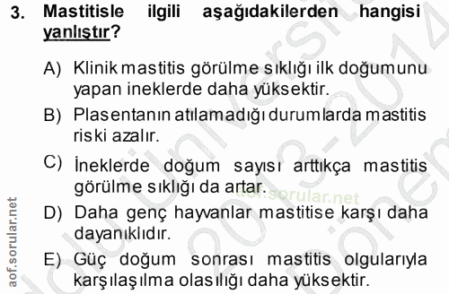 3. soru: Mastitisle ilgili aşağıdakilerden hangisi yanlıştır? A) Klinik mastitis görülme sıklığı ilk doğumunu yapan ineklerde…