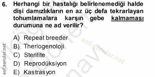 6. soru: Herhangi bir hastalığı belirlenemediği halde dişi damızlıkların en az üç defa tekrarlayan tohumlamalara karşın gebe k…