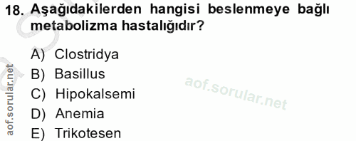 18. soru: Aşağıdakilerden hangisi beslenmeye bağlı metabolizma hastalığıdır? A) Clostridya B) Basillus C) Hipokalsemi D) Anemia…