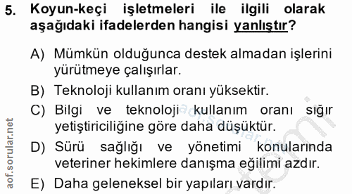 5. soru: Koyun-keçi işletmeleri ile ilgili olarak aşağıdaki ifadelerden hangisi yanlıştır? A) Mümkün olduğunca destek almadan…
