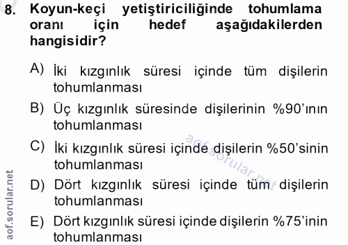8. soru: Koyun-keçi yetiştiriciliğinde tohumlama oranı için hedef aşağıdakilerden hangisidir? A) İki kızgınlık süresi içinde t…