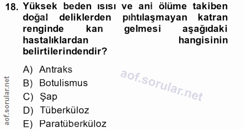 18. soru: Yüksek beden ısısı ve ani ölüme takiben doğal deliklerden pıhtılaşmayan katran renginde kan gelmesi aşağıdaki hastalı…