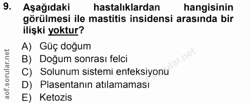 9. soru: Aşağıdaki hastalıklardan hangisinin görülmesi ile mastitis insidensi arasında bir ilişki yoktur? A) Güç doğum B) Doğu…