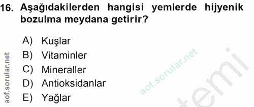 16. soru: Aşağıdakilerden hangisi yemlerde hijyenik bozulma meydana getirir? A) Kuşlar B) Vitaminler C) Mineraller D) Antioksid…