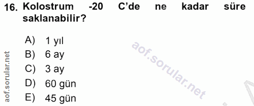 16. soru: Kolostrum -20 C'de ne kadar süre saklanabilir? A) 1 yıl B) 6 ay C) 3 ay D) 60 gün E) 45 gün