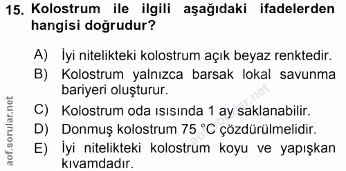 15. soru: Kolostrum ile ilgili aşağıdaki ifadelerden hangisi doğrudur? A) Iyi nitelikteki kolostrum açık beyaz renktedir. B) Ko…