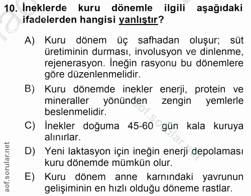 10. soru: Ineklerde kuru dönemle ilgili aşağıdaki ifadelerden hangisi yanlıştır? A) Kuru dönem üç safhadan oluşur; süt üretimin…